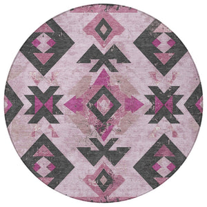 HomeRoots 8' Pink Charcoal and Mauve Round Aztec Area Rug - Durable, Washable, and Ideal for Indoor/Outdoor Use 623871