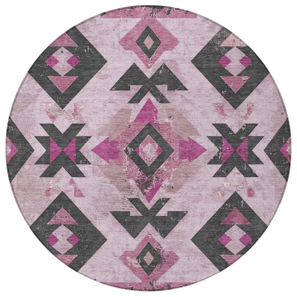HomeRoots 8' Pink Charcoal and Mauve Round Aztec Area Rug - Durable, Washable, and Ideal for Indoor/Outdoor Use 623871