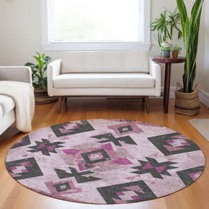 HomeRoots 8' Pink Charcoal and Mauve Round Aztec Area Rug - Durable, Washable, and Ideal for Indoor/Outdoor Use 623871