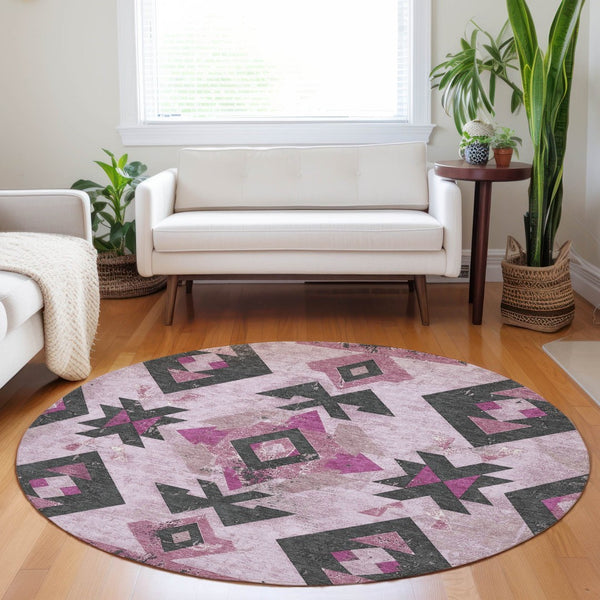 HomeRoots 8' Pink Charcoal and Mauve Round Aztec Area Rug - Durable, Washable, and Ideal for Indoor/Outdoor Use 623871