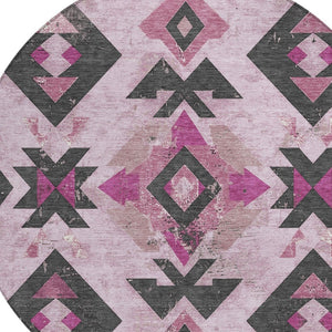 HomeRoots 8' Pink Charcoal and Mauve Round Aztec Area Rug - Durable, Washable, and Ideal for Indoor/Outdoor Use 623871
