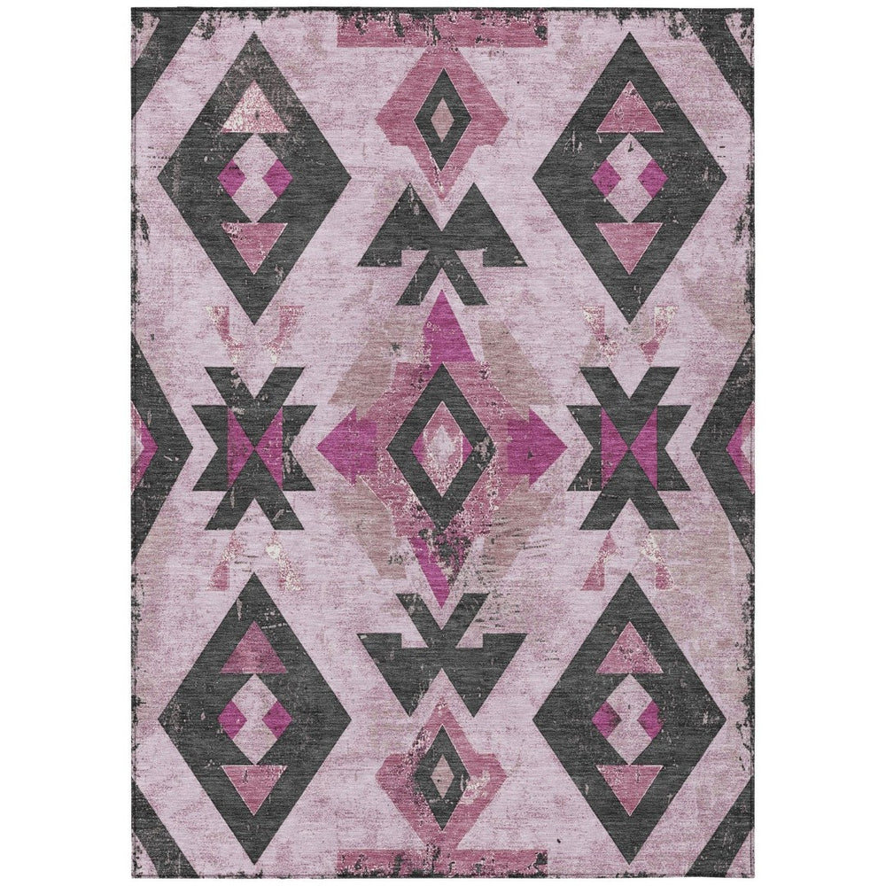 HomeRoots 9' X 12' Aztec-Inspired Washable Area Rug in Pink, Charcoal & Mauve – Stylish, Durable & Versatile! 623873