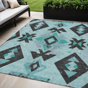 HomeRoots 5' X 8' Vibrant Aztec Area Rug in Teal Blue & Aqua - Durable, Washable, Indoor/Outdoor Style! 623876