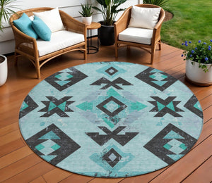 HomeRoots 8' Teal Blue Round Aztec Area Rug - Durable, Washable, Stylish for Indoor & Outdoor Spaces, 96" Diameter 623877