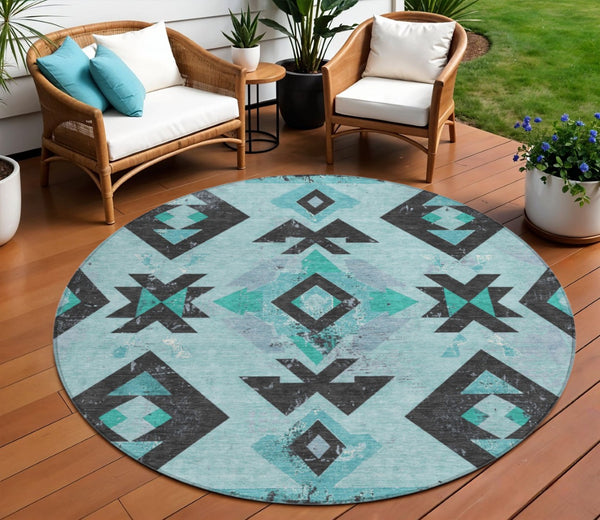 HomeRoots 8' Teal Blue Round Aztec Area Rug - Durable, Washable, Stylish for Indoor & Outdoor Spaces, 96" Diameter 623877