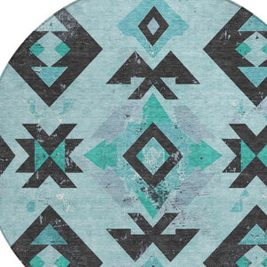 HomeRoots 8' Teal Blue Round Aztec Area Rug - Durable, Washable, Stylish for Indoor & Outdoor Spaces, 96" Diameter 623877