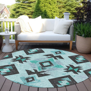 HomeRoots 8' Teal Blue Round Aztec Area Rug - Durable, Washable, Stylish for Indoor & Outdoor Spaces, 96" Diameter 623877