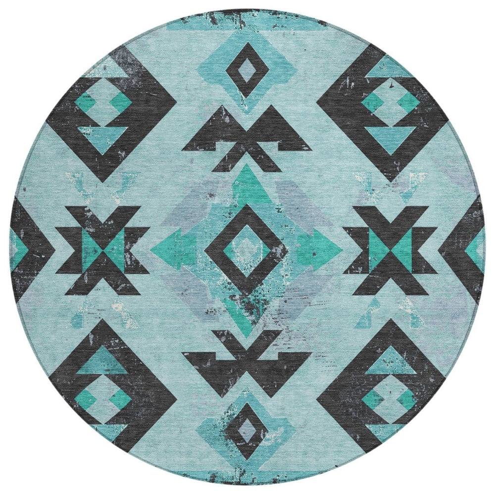 HomeRoots 8' Teal Blue Round Aztec Area Rug - Durable, Washable, Stylish for Indoor & Outdoor Spaces, 96" Diameter 623877