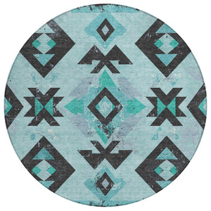 HomeRoots 8' Teal Blue Round Aztec Area Rug - Durable, Washable, Stylish for Indoor & Outdoor Spaces, 96" Diameter 623877