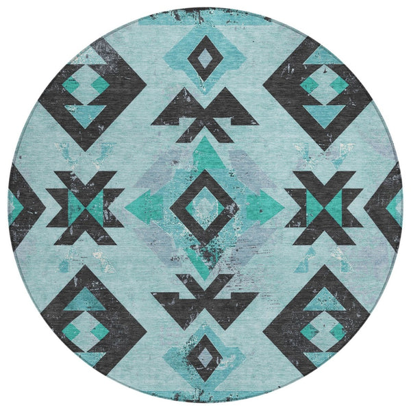 HomeRoots 8' Teal Blue Round Aztec Area Rug - Durable, Washable, Stylish for Indoor & Outdoor Spaces, 96" Diameter 623877