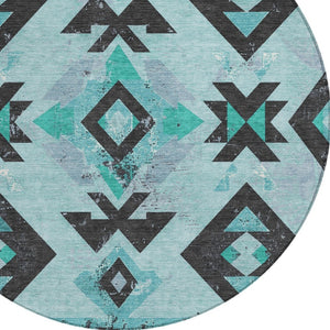 HomeRoots 8' Teal Blue Round Aztec Area Rug - Durable, Washable, Stylish for Indoor & Outdoor Spaces, 96" Diameter 623877