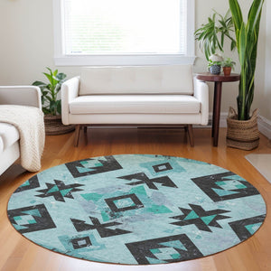 HomeRoots 8' Teal Blue Round Aztec Area Rug - Durable, Washable, Stylish for Indoor & Outdoor Spaces, 96" Diameter 623877