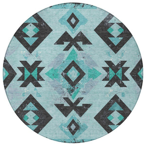 HomeRoots 8' Teal Blue Round Aztec Area Rug - Durable, Washable, Stylish for Indoor & Outdoor Spaces, 96" Diameter 623877