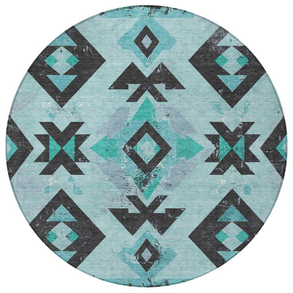 HomeRoots 8' Teal Blue Round Aztec Area Rug - Durable, Washable, Stylish for Indoor & Outdoor Spaces, 96" Diameter 623877