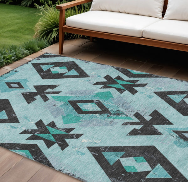 HomeRoots 8' X 10' Vibrant Teal Blue Aztec Area Rug - Durable, Washable, Stylish for Indoor & Outdoor Use! 623878
