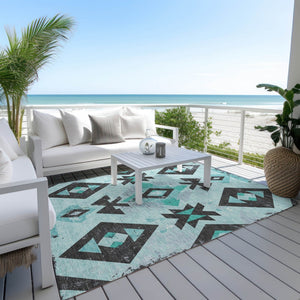 HomeRoots 8' X 10' Vibrant Teal Blue Aztec Area Rug - Durable, Washable, Stylish for Indoor & Outdoor Use! 623878