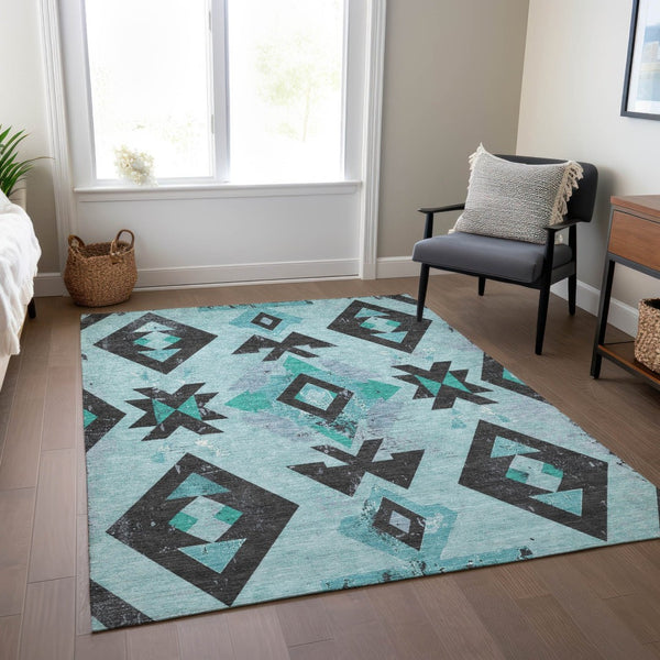 HomeRoots 8' X 10' Vibrant Teal Blue Aztec Area Rug - Durable, Washable, Stylish for Indoor & Outdoor Use! 623878