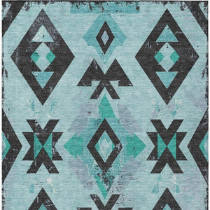 HomeRoots 10' Vibrant Teal Blue Aztec Area Rug - Durable, Washable for Indoor/Outdoor Use, Stain Resistant Charm 623880