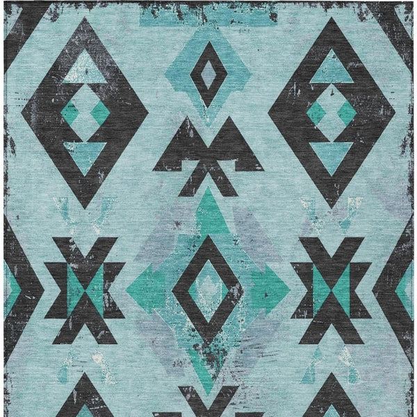 HomeRoots 10' Vibrant Teal Blue Aztec Area Rug - Durable, Washable for Indoor/Outdoor Use, Stain Resistant Charm 623880