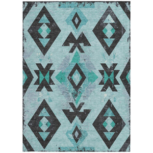 HomeRoots 10' Vibrant Teal Blue Aztec Area Rug - Durable, Washable for Indoor/Outdoor Use, Stain Resistant Charm 623880