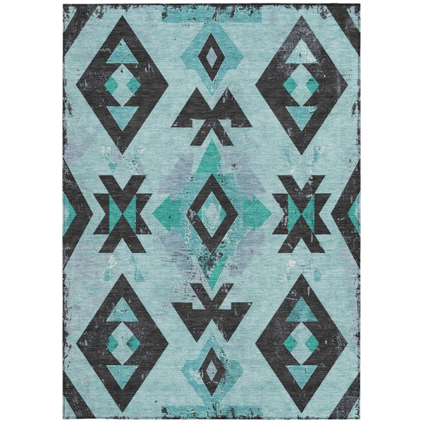 HomeRoots 10' Vibrant Teal Blue Aztec Area Rug - Durable, Washable for Indoor/Outdoor Use, Stain Resistant Charm 623880