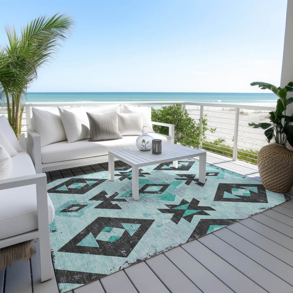 HomeRoots 10' Vibrant Teal Blue Aztec Area Rug - Durable, Washable for Indoor/Outdoor Use, Stain Resistant Charm 623880