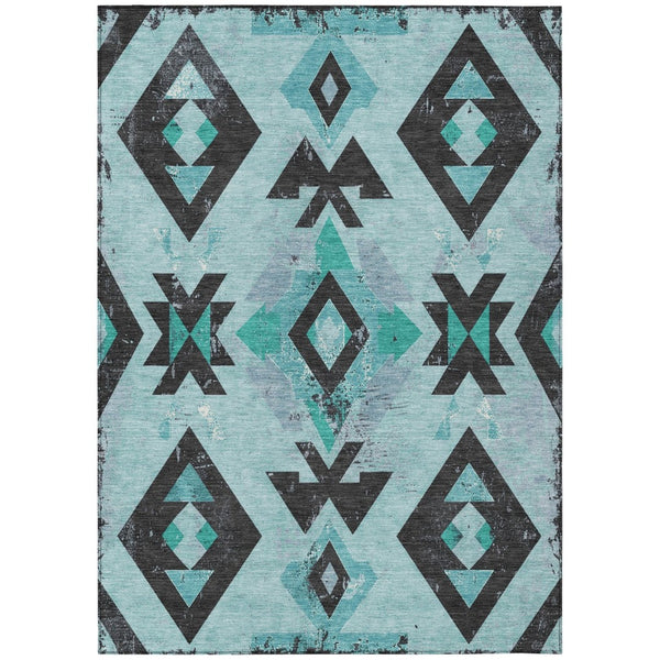 HomeRoots 10' Vibrant Teal Blue Aztec Area Rug - Durable, Washable for Indoor/Outdoor Use, Stain Resistant Charm 623880