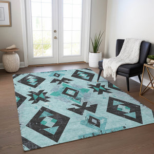 HomeRoots 10' Vibrant Teal Blue Aztec Area Rug - Durable, Washable for Indoor/Outdoor Use, Stain Resistant Charm 623880