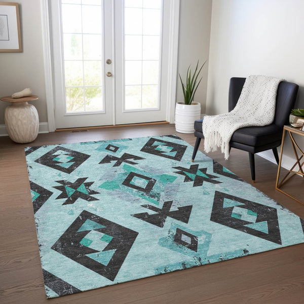 HomeRoots 10' Vibrant Teal Blue Aztec Area Rug - Durable, Washable for Indoor/Outdoor Use, Stain Resistant Charm 623880