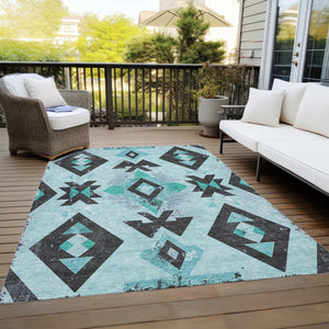 HomeRoots 10' Vibrant Teal Blue Aztec Area Rug - Durable, Washable for Indoor/Outdoor Use, Stain Resistant Charm 623880