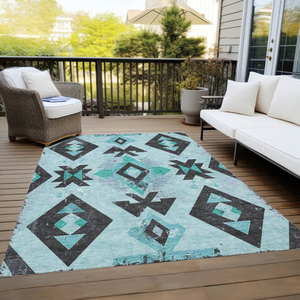 HomeRoots 10' Vibrant Teal Blue Aztec Area Rug - Durable, Washable for Indoor/Outdoor Use, Stain Resistant Charm 623880