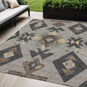HomeRoots 5' X 8' Aztec Area Rug - Durable Taupe, Charcoal & Wheat Design for Indoor/Outdoor Use, Washable! 623882