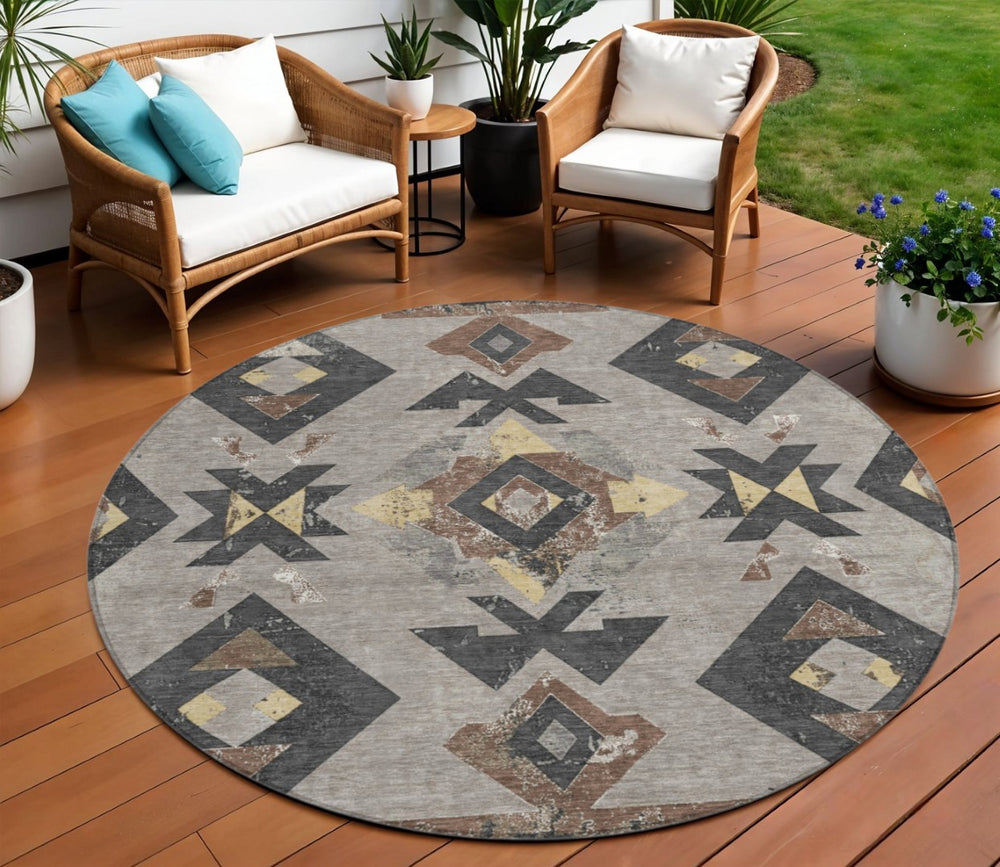HomeRoots 8' Round Aztec Area Rug in Taupe Charcoal & Wheat – Washable, Durable for Indoor & Outdoor Spaces 623883