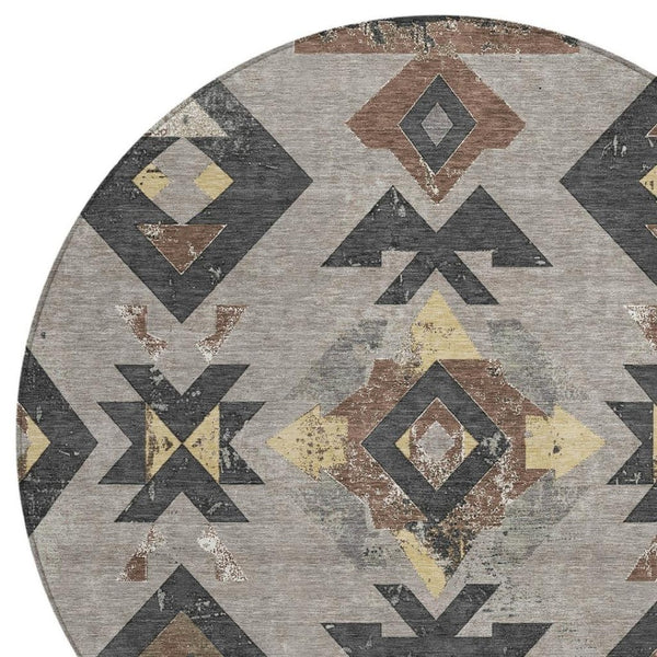 HomeRoots 8' Round Aztec Area Rug in Taupe Charcoal & Wheat – Washable, Durable for Indoor & Outdoor Spaces 623883