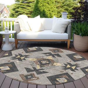 HomeRoots 8' Round Aztec Area Rug in Taupe Charcoal & Wheat – Washable, Durable for Indoor & Outdoor Spaces 623883