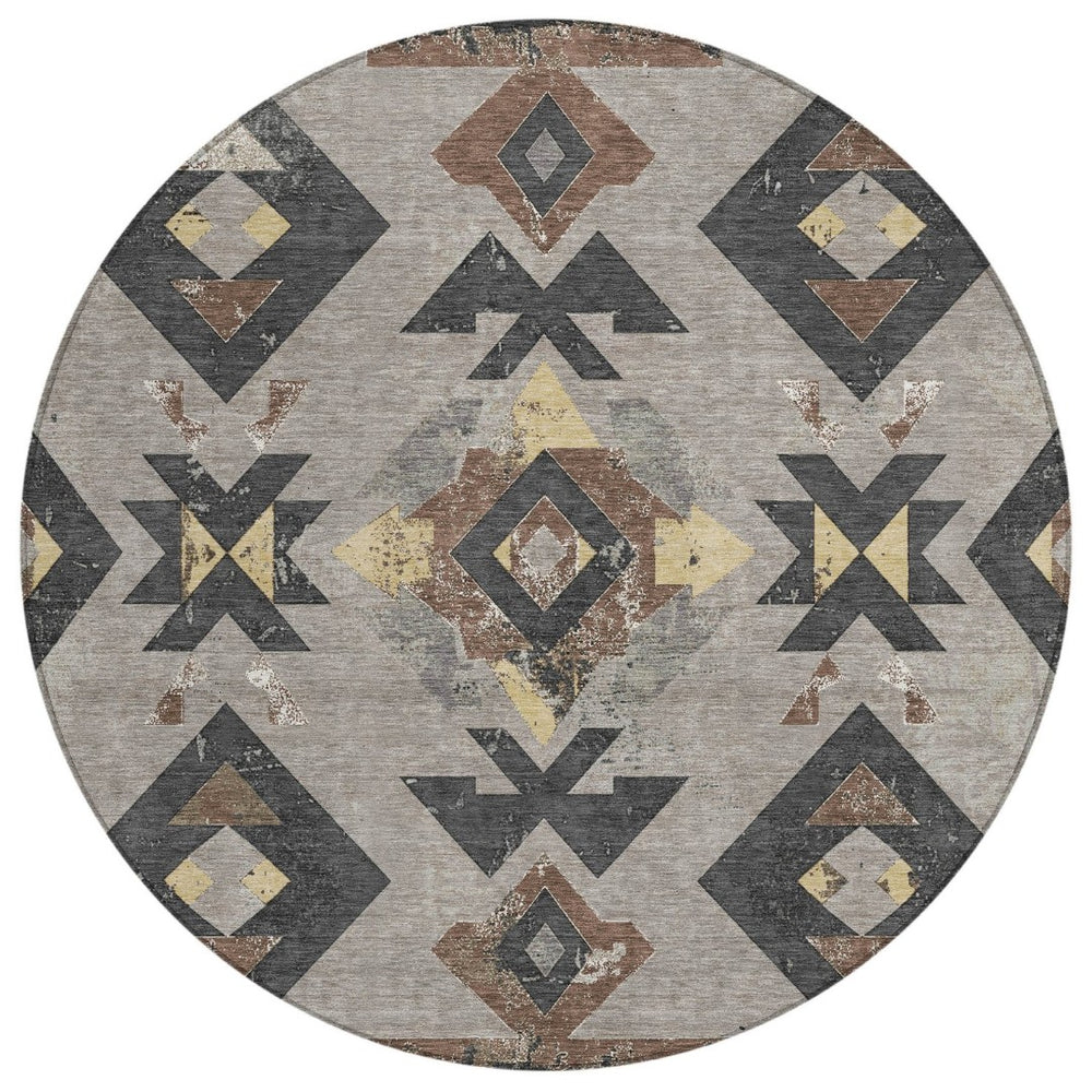 HomeRoots 8' Round Aztec Area Rug in Taupe Charcoal & Wheat – Washable, Durable for Indoor & Outdoor Spaces 623883