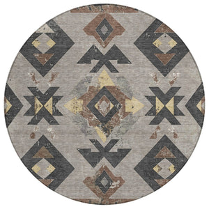 HomeRoots 8' Round Aztec Area Rug in Taupe Charcoal & Wheat – Washable, Durable for Indoor & Outdoor Spaces 623883
