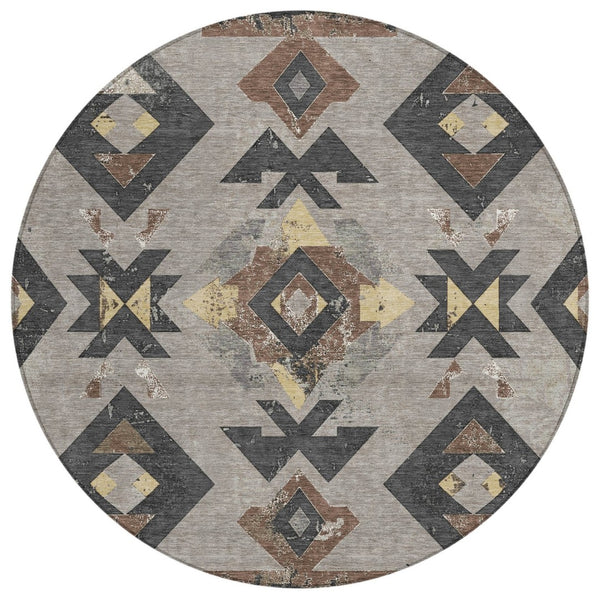 HomeRoots 8' Round Aztec Area Rug in Taupe Charcoal & Wheat – Washable, Durable for Indoor & Outdoor Spaces 623883