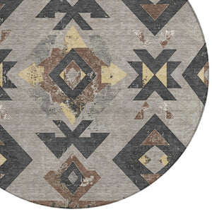 HomeRoots 8' Round Aztec Area Rug in Taupe Charcoal & Wheat – Washable, Durable for Indoor & Outdoor Spaces 623883