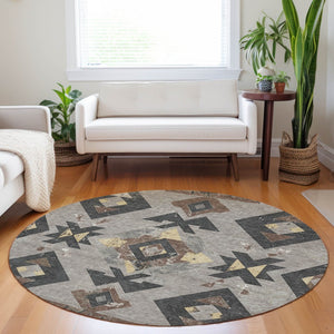 HomeRoots 8' Round Aztec Area Rug in Taupe Charcoal & Wheat – Washable, Durable for Indoor & Outdoor Spaces 623883