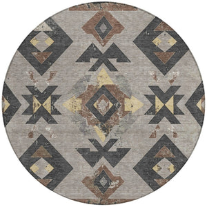 HomeRoots 8' Round Aztec Area Rug in Taupe Charcoal & Wheat – Washable, Durable for Indoor & Outdoor Spaces 623883