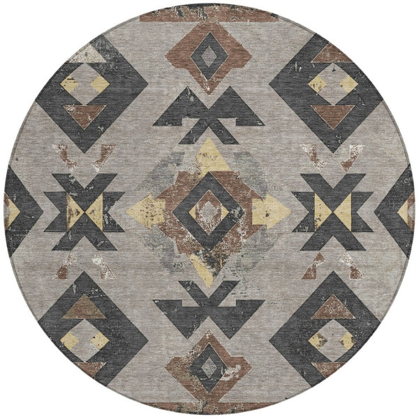 HomeRoots 8' Round Aztec Area Rug in Taupe Charcoal & Wheat – Washable, Durable for Indoor & Outdoor Spaces 623883