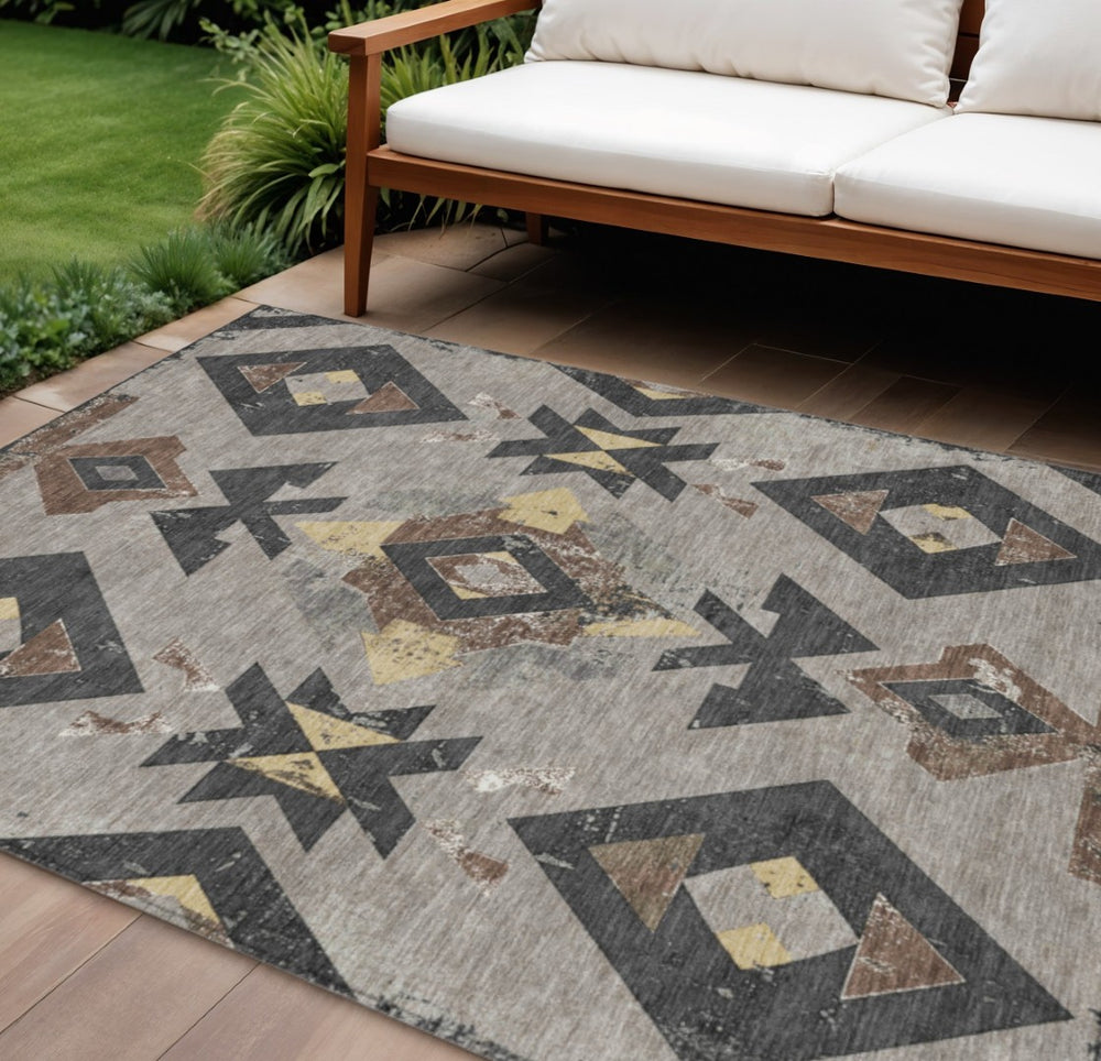HomeRoots 9' Aztec Indoor Outdoor Area Rug - Taupe Charcoal Wheat, Washable, Durable, Pet-Friendly Design 623885