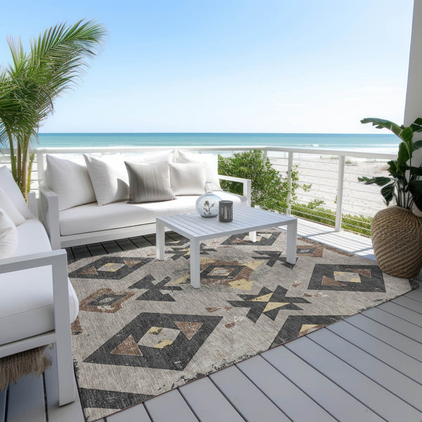 HomeRoots 9' Aztec Indoor Outdoor Area Rug - Taupe Charcoal Wheat, Washable, Durable, Pet-Friendly Design 623885
