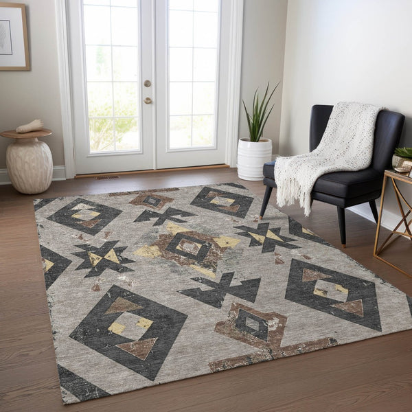 HomeRoots 9' Aztec Indoor Outdoor Area Rug - Taupe Charcoal Wheat, Washable, Durable, Pet-Friendly Design 623885