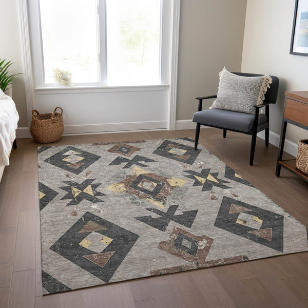 HomeRoots 9' Aztec Indoor Outdoor Area Rug - Taupe Charcoal Wheat, Washable, Durable, Pet-Friendly Design 623885