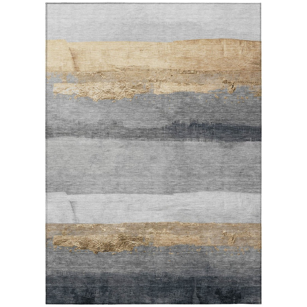 HomeRoots 5' Gold and Gray Striped Washable Area Rug – Durable Indoor/Outdoor Design for High-Traffic Spaces 623900