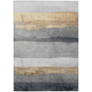 HomeRoots 5' Gold and Gray Striped Washable Area Rug – Durable Indoor/Outdoor Design for High-Traffic Spaces 623900