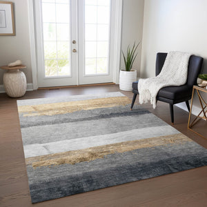 HomeRoots 5' Gold and Gray Striped Washable Area Rug – Durable Indoor/Outdoor Design for High-Traffic Spaces 623900