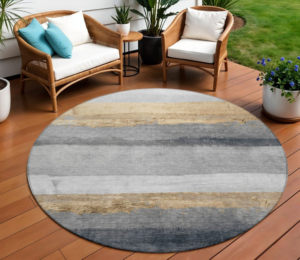 HomeRoots 8' Gold and Gray Round Striped Rug – Durable, Washable Area Rug for Indoor & Outdoor High-Traffic Spaces 623901